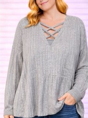 Women’s Plus Size Grey Cozy Sweater with Crossed Front - Size 4X